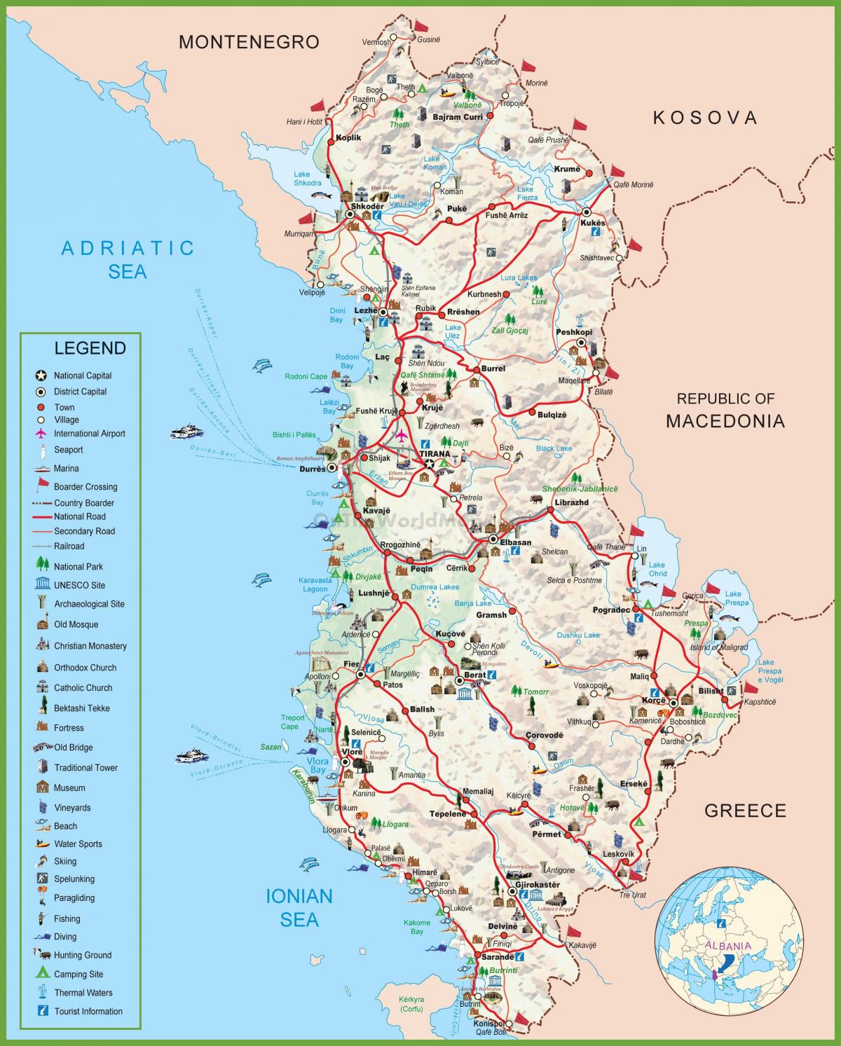 žemėlapis Albanijos turizmo