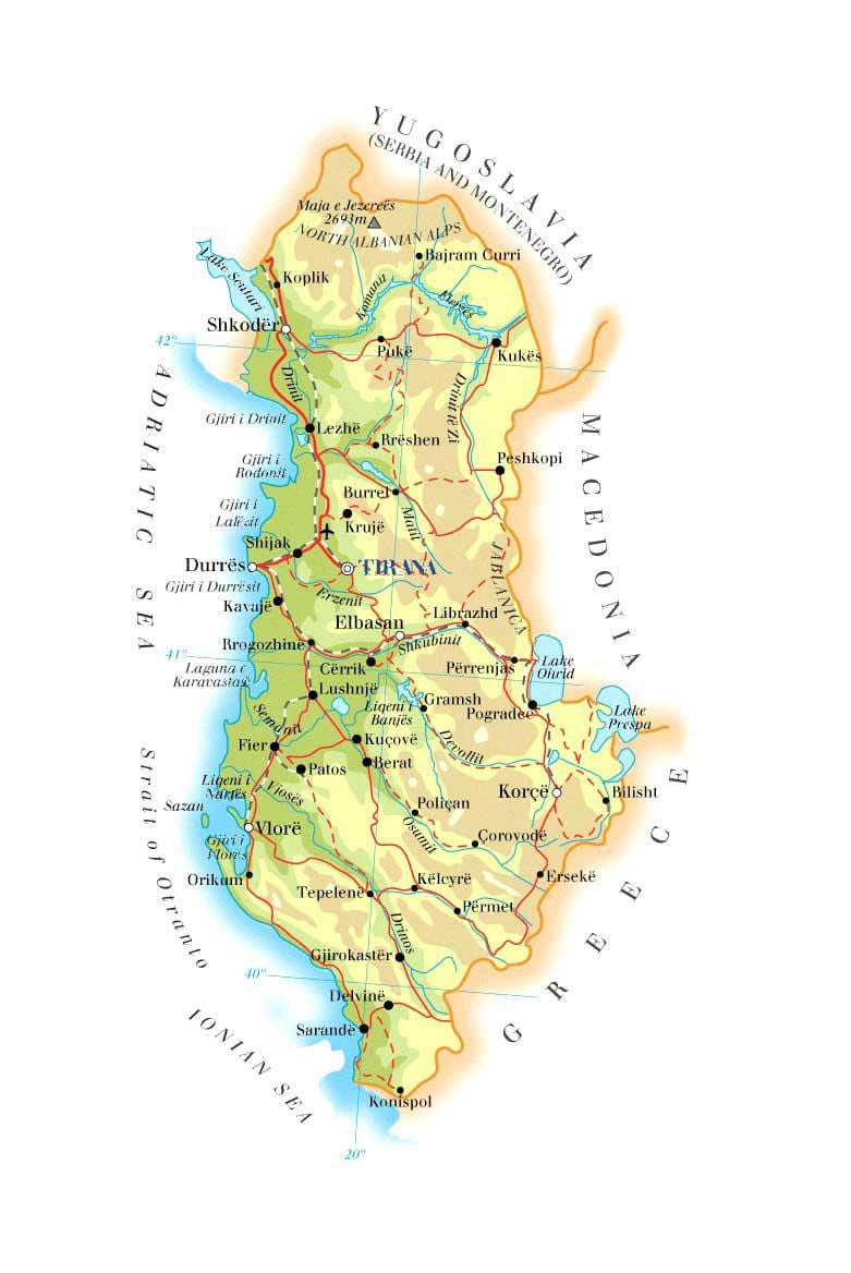 žemėlapis fizinis žemėlapis Albanija
